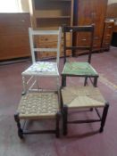 Two tapestry seated bedroom chairs together with two further rush seated stools