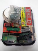 A tray of cast metal plaque MELD, Lima rolling stock, plates relating to railways,