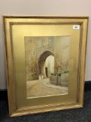 Frank Thompson (1875 - 1926) : A Lady and Gentleman Standing Below a Stone Arch, watercolour,