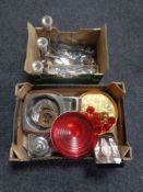 Two boxes of assorted metal ware, cutlery,
