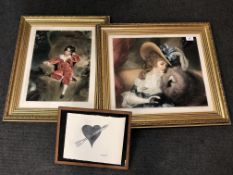 A pair of Sydney Wilson mezzotints in gilt frames and a print of Coeur a la Fourchette after Rene