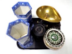 A set of vintage Victor kitchen scales with weights,