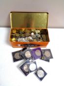 A tin containing commemorative crowns, British pre decimal coinage etc.
