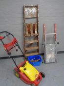 A set of wooden folding steps, a Jobezer folding aluminium platform,