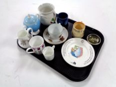 A tray containing assorted ceramics to include a Royal Worcester cup and saucer,