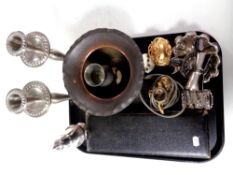 A tray containing cased servers, plated toast rack and sugar sifter, antique copper planter,