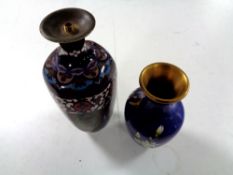 A cloisonne table lamp base and a a cloisonne vase decorated with butterflies and flowers