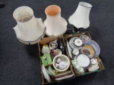 Three boxes of assorted glass ware, English tea and dinner china, chalk figure of a horse,