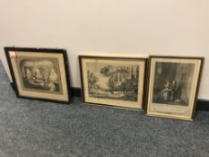 A French hand coloured antique print depicting a courting couple, 26 x 36 cm,