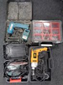 A box containing cased Parkside sander, JCB hammer drill and Makita 9.