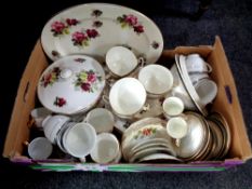 A box containing assorted tea china and dinner ware to include Royal Grafton, Majestic, Windsor,