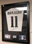 A sporting memorabilia montage : Ronaldo, facsimile signed ,