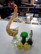 Five pieces of glassware to include two Venetian glass bird ornaments,