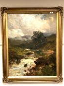 John Falconar Slater (1857 - 1937) : A River Landscape with Cottage and Mountains Beyond,