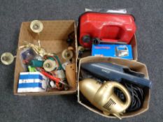 Three boxes containing hand held vacuums, brass wall lights, Black and Decker electric drill,