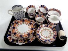 A tray containing antique and later china to include a twin handled God speed the Plough tankard,