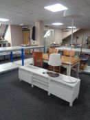 An Ikea entertainment stand together with a further Ikea floor lamp and table lamp