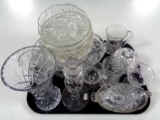 A tray containing a large quantity of cut glass to include candlestick vases, dishes,