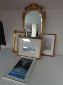 A decorative gilt framed dome topped bevel edged hall mirror together with four framed pictures to