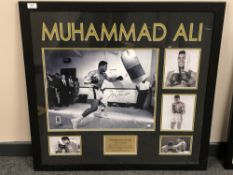 A sporting memorabilia montage : Muhammad Ali 'The Greatest', signed print in black ink,