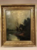 Continental School : Cottage by a river, oil on canvas, 50 cm x 41 cm.