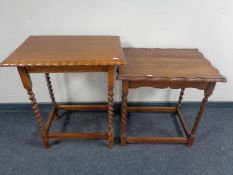Two Edwardian oak barley twist occasional tables