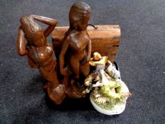 A tray containing hardwood metal bound bottle carrying case,