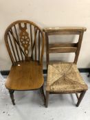 A beech church chair with rattan seat together with further wheel backed chair