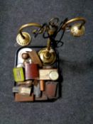 A tray of hip flask, twin branch table lamp, vintage wood plane, printing blocks,