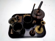 A tray containing Victorian copper kettle, pair of ornate brass dwarf candlesticks,