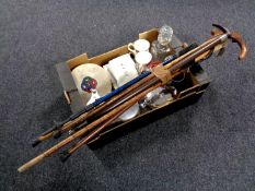 A box containing Picquot ware part tea set, Royal Albert Old Country Roses tea cups, glass decanter,