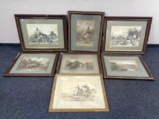 Seven J E Wade charcoal studies depicting village scenes,