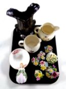 A tray containing china flower posies, Beswick silvered Art Nouveau vase numbered 1185,