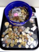 A tub containing a large quantity of world coins, British pre-decimal coins, world cup tokens etc.