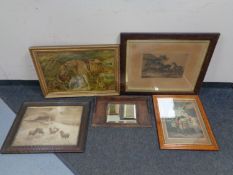 An antiquarian colour print - The Cottage Door by F Wheatley together with three other framed