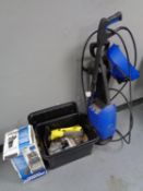 An Altoforce pressure washer together with a Draper submersible water pump and a Karcher window vac