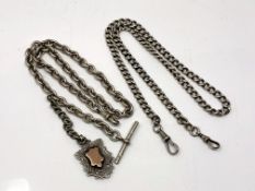 Two silver watch chains, one with T-bar and fob. CONDITION REPORT: 119.8g gross.