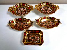 Five Royal Crown Derby Imari shallow dishes.