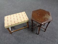 A hexagonal oak occasional table on barley twist legs together with a similar upholstered footstool