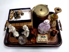 A twin handed poker work tray, treen biscuit barrel, perfume bottle,