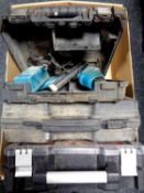 A box containing cased Parkside sander, JCB hammer drill, Makita 9.
