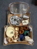 Two boxes of stainless steel, crucifix, chalk lamp base,