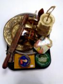 A tray of assorted metal ware, eastern knife in sheath, vintage tin,