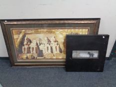A large framed Egyptian painting on papyrus together with a Chinese Tang horse in display frame