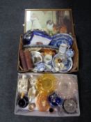 Two boxes of glass comport, Sadler tea ware, blue and white plates, two vintage books,