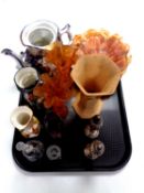 A tray of Toby jugs, carnival glass ware, glass bell,