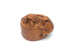 A carved Chinese hardwood netsuke - Turtle and frog in barrel
