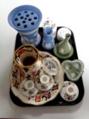 A tray containing Wedgwood blue and green jasperware including rose bowl, Mason's Mandalay china,