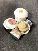 A tray containing two pieces of Maling lustre ware, silver plated cigarette box,