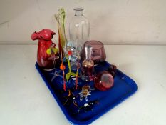 A tray containing murano glass ornaments, coloured glassware, Caithness paperweight,